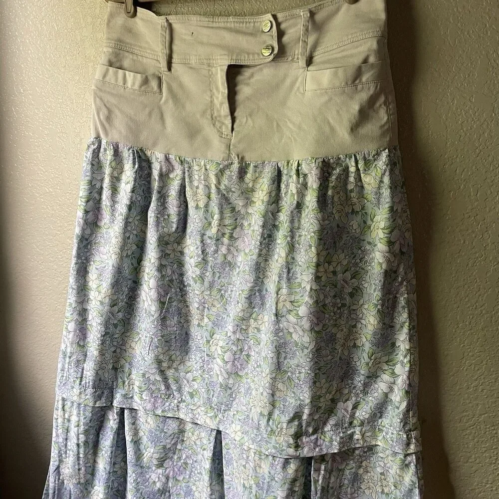 Tommy Hilfiger Womens 10 Khaki Floral Tiered Maxi Skirt Modest Western Prairie